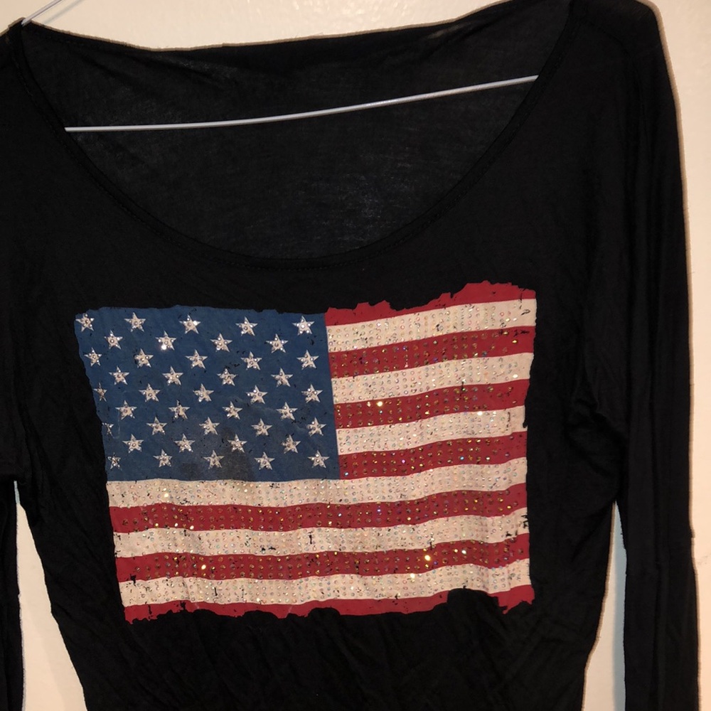Black Long Sleeve Top with American Flag Design - Picture 3 of 4